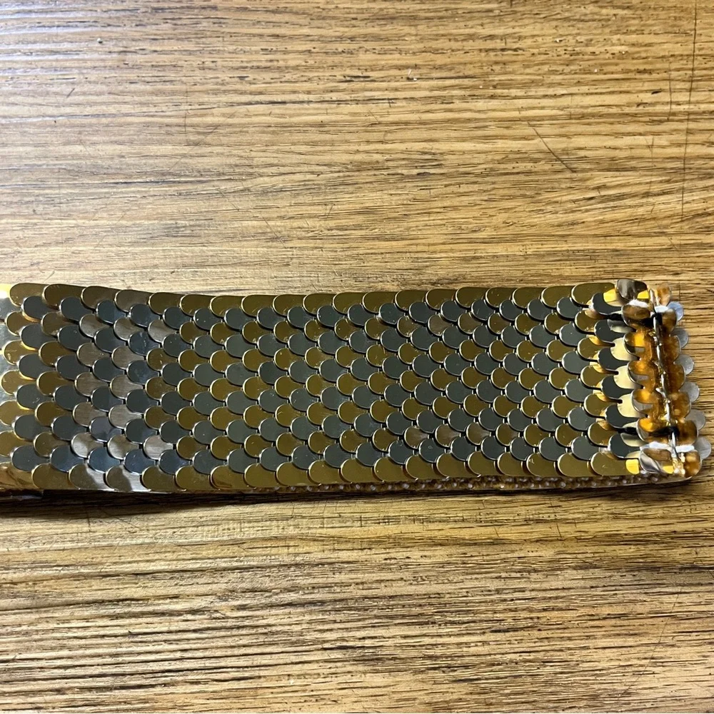 Vintage 70s Gold Silver Mixed Metal Mermaid Retro Rare Stretch Belt Chrome L/XL